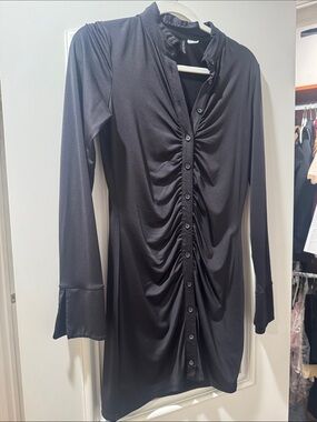 Divided Black Ruched Button-Front Long Sleeve Mini Dress